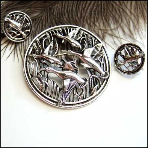 1960s Vintage Silver Goose Pin or Pendant w Earrings Set by Sarah Coventry 