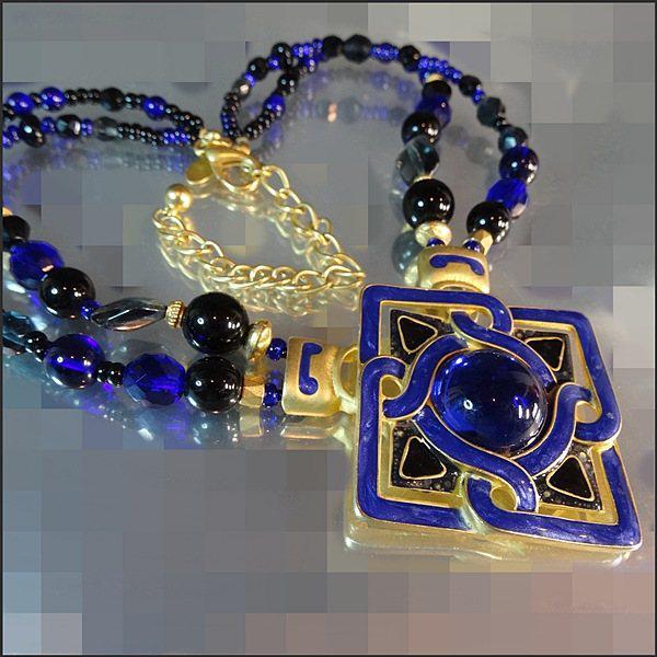 1990s Designer Signed Celtic Cloisonne Blue Glass Gold Necklace