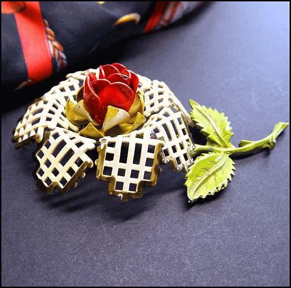1940s Rare Vintage Brooch Big Metal Lattice Rose 