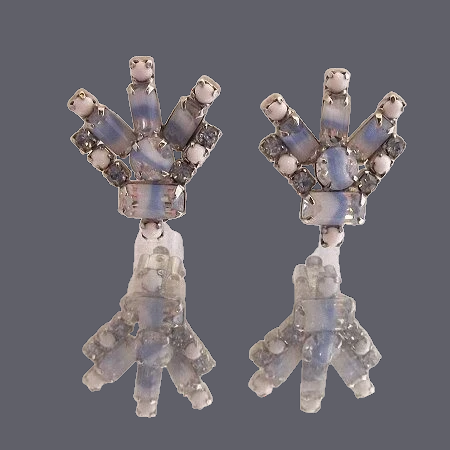 1950s Vintage French Blue Givre Glass Clip Earrings 