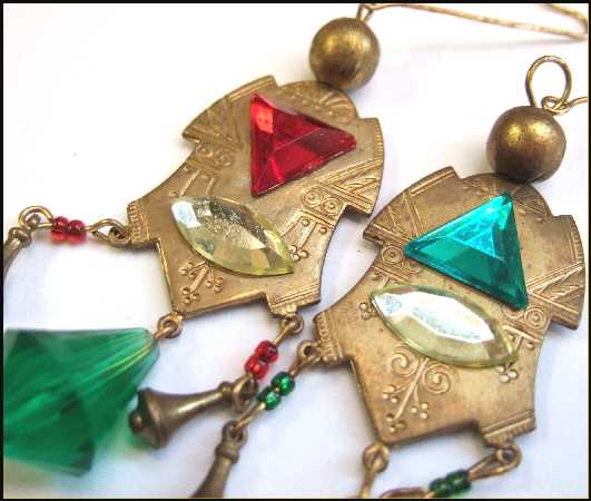 1940s Vintage Christmas Pierced Earrings Egyptian Revival Big Gold Dangles 