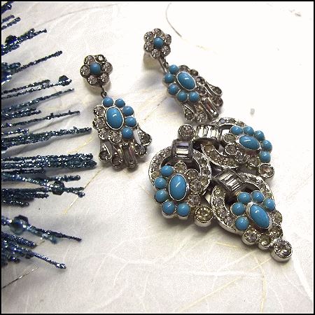 1920s Art Deco Dress Clip w Earrings Turquoise w Crystals Set