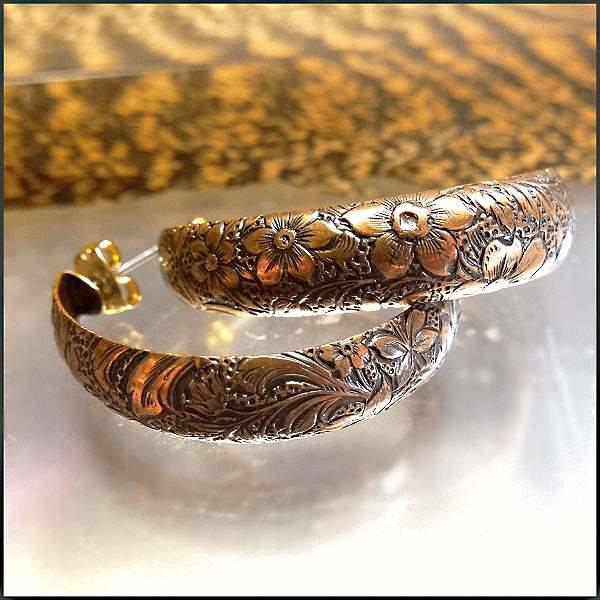 1970s Vintage Copper Hoop Earrings Patina Embossed Flowers