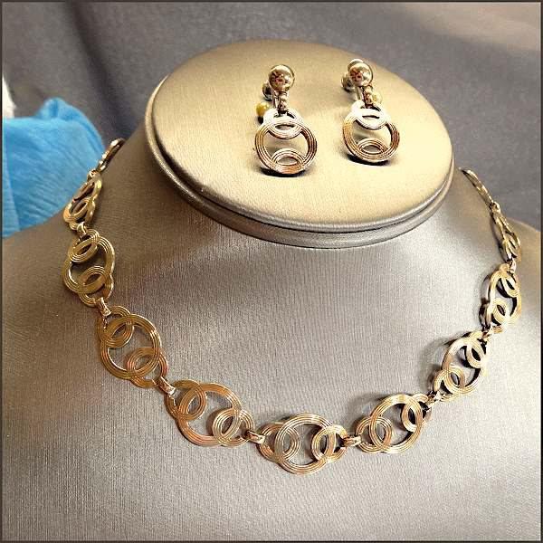 1940s Art Deco Signed Symmetallic 14kt Gold Sterling Necklace w Earrings Set 