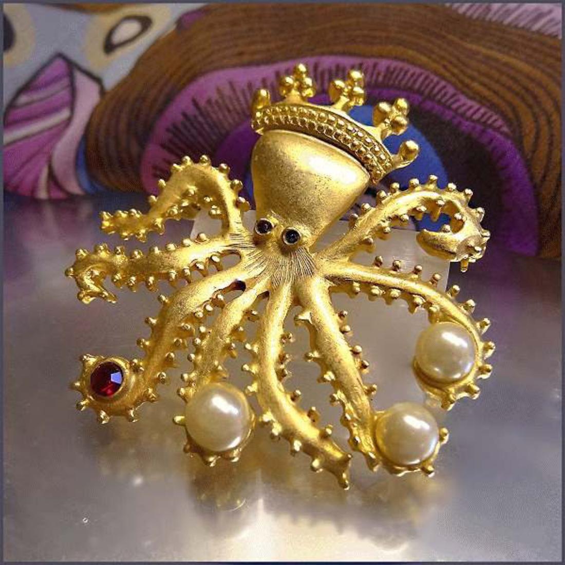 1980s King of the Ocean Gold Pearl Octopus Vintage Brooch