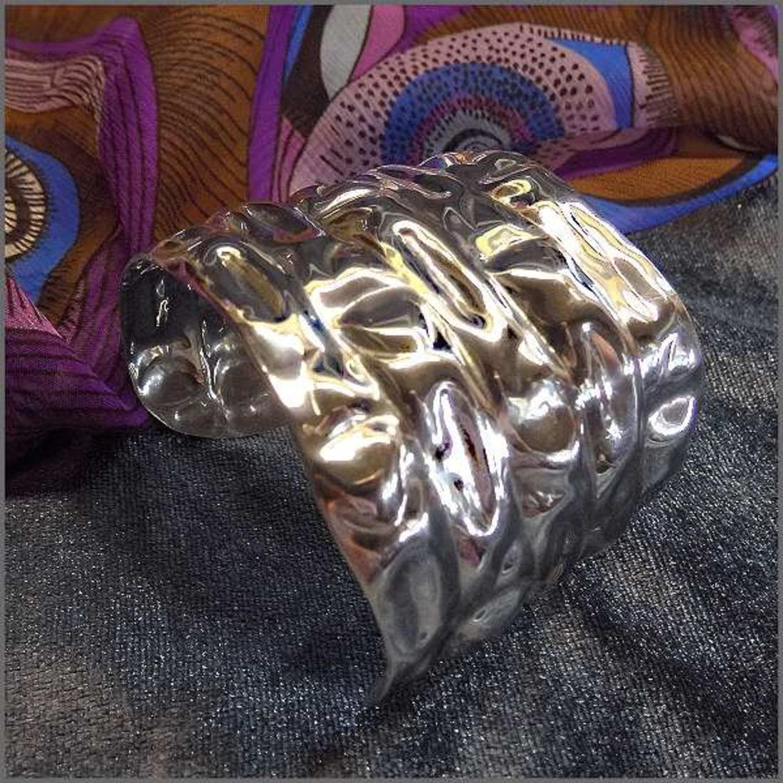 1980s Sterling Silver Crinkle Mosaic Wide Vintage Cuff Bracelet