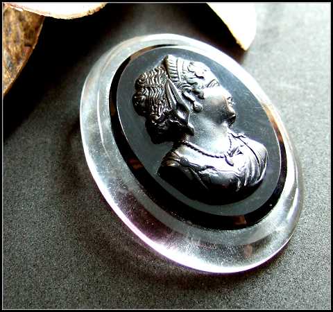 1950s Vintage Cameo Brooch Big Clear n Black Lucite Pin or Pendant