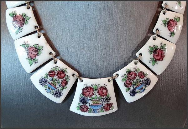 1960s Art Nouveau Style Floral Copper Enamel Vintage Panel Necklace
