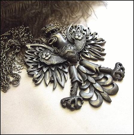 1970s Gothic Bird Vintage Necklace Big Pewter Phoenix or Eagle