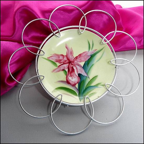 1940s Shabby Chic Hand Painted Orchid Plate w Metal Frame