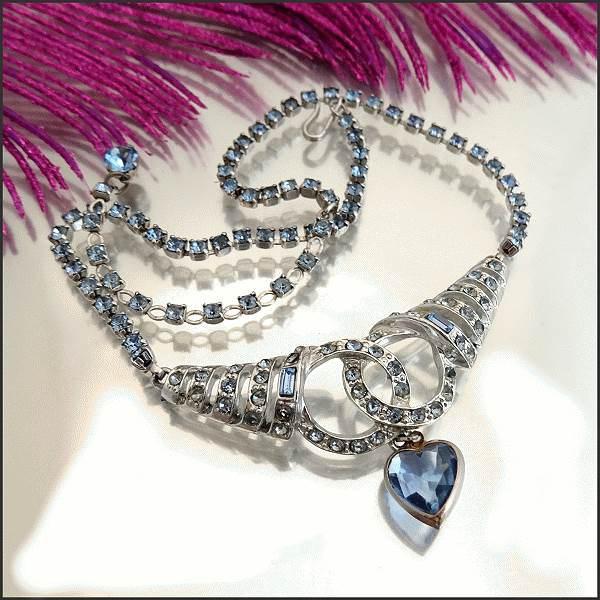 1950s Signed CORO Art Deco Silver Blue RS Vintage Collar Heart Necklace