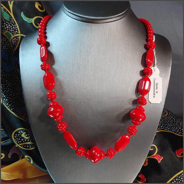1980s Czech Vintage Necklace Red Glass w Original Hang Tag 