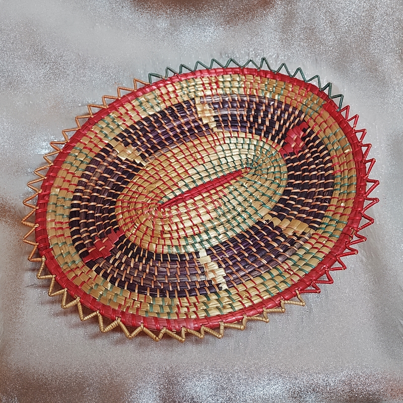 Rare 1970s Turtle Vintage Basket Long Pine Needle w Rainbow Straw Raffia