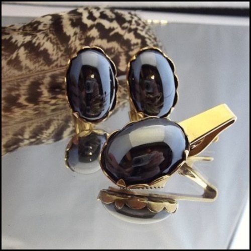 1960s Hematite Vintage Cufflinks w Tie Clasp Set