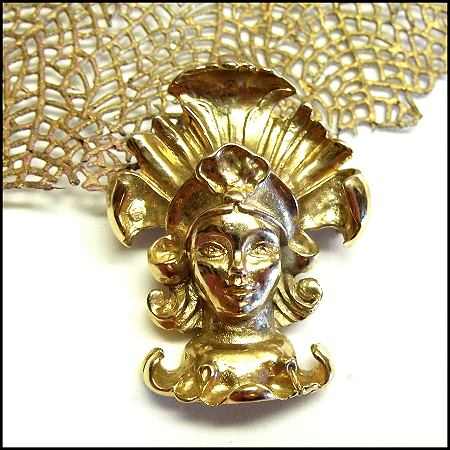 1950s Designer Vintage Gold Persian Lady Face Pin or Pendant