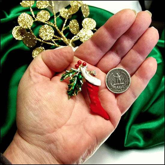 1960s Vintage Christmas Pin Red Holiday Stocking w Holly