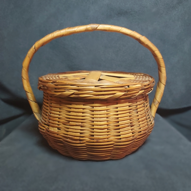 1950s Vintage Lidded Basket Mid Century Squatty Round Bamboo Canes