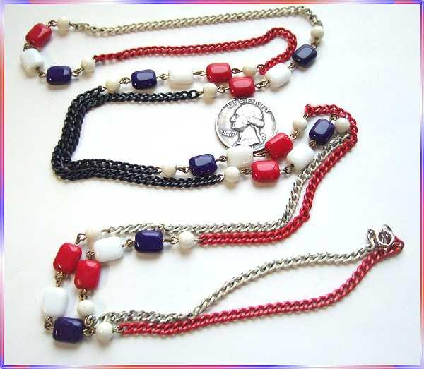 1960s Red White Blue Glass Long Vintage Patriotic Necklace