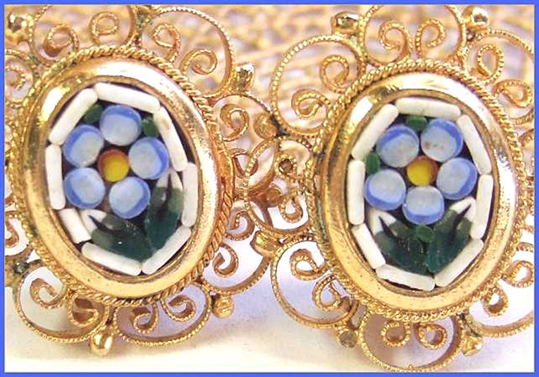 1960s Vintage Italian Earrings Mosaic Blue Glass Flowers