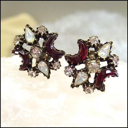 1940s Vintage Earrings Opal Moon and Red Glass Claire de Lune Style