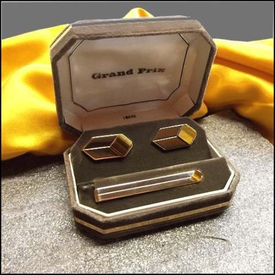 1960s Tigers Eye Vintage Cufflinks w Tie Clasp Org Box Swank Grand Prix