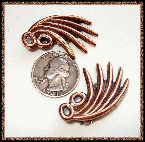 1950s Signed RENOIR Copper Feathers Vintage Clip Earrings