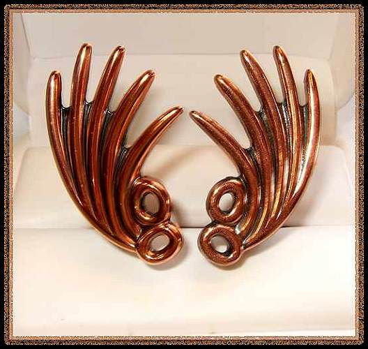 1950s Signed RENOIR Copper Feathers Vintage Clip Earrings