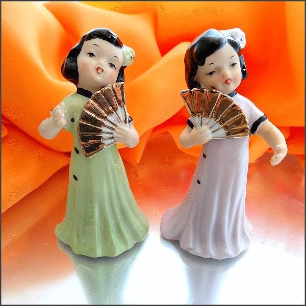 1950s Vintage 24kt Gold Oriental Figurines Singing Geisha Girls Pair