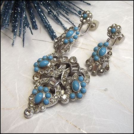 1920s Art Deco Dress Clip w Earrings Turquoise w Crystals Set
