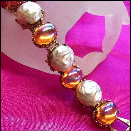 1950s Mabe Pearl and Marigold Carnival Glass Vintage Bracelet