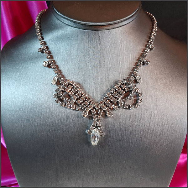 1950s Art Deco Necklace Princess Cut Clear Rhinestone Lavaliere