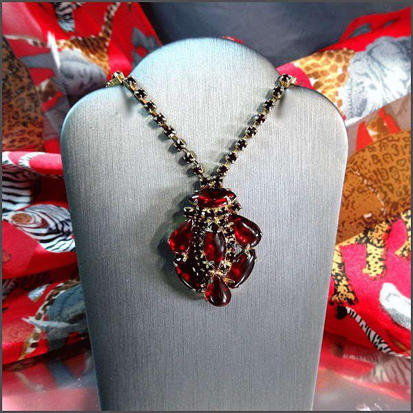 1950s Ruby Red Bohemian Glass Vintage Lavalier Necklace