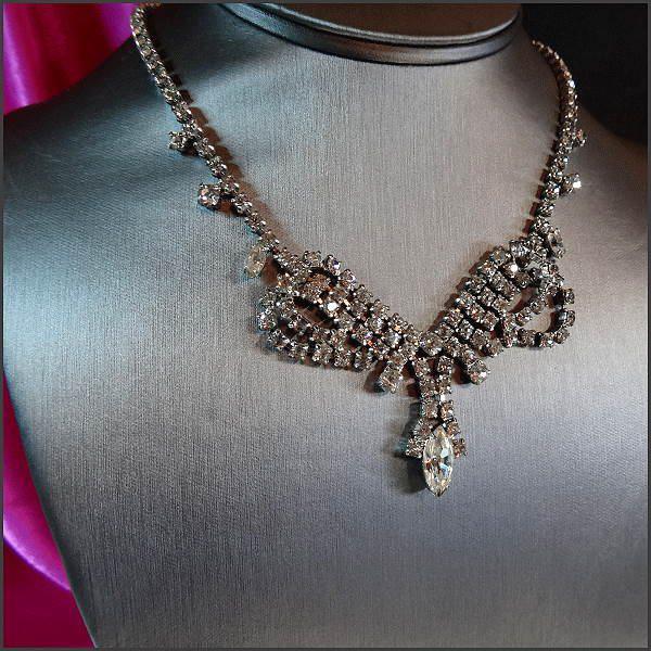 1950s Art Deco Necklace Princess Cut Clear Rhinestone Lavaliere 