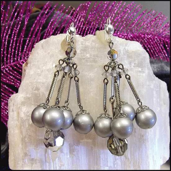 1950s Great Grey Pearl Crystal Chandelier Vintage Pierced Earrings
