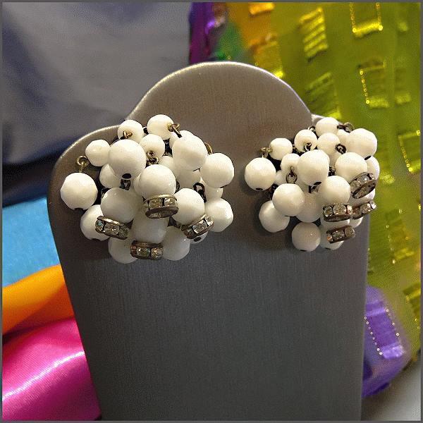 1940s Vintage Milk Glass Earrings West Germany w Rhinestone Rhondells