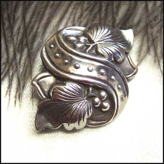 1930s Antique 925 Sterling Pin European Silver Grapes w Leaves Pendant