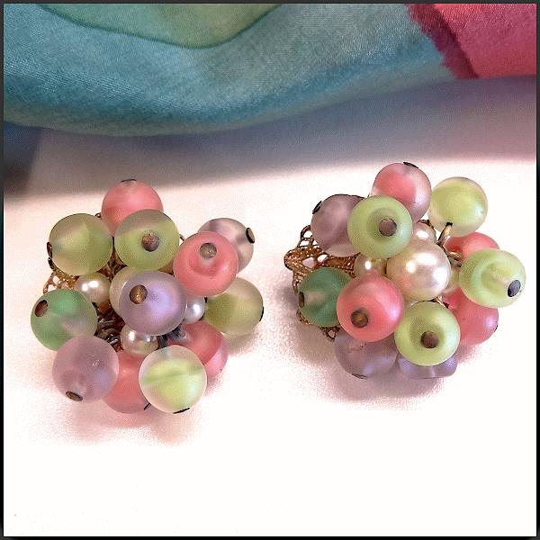 1950s Italian Vintage Clip Earrings Pastel Frosted Glass w Pearls