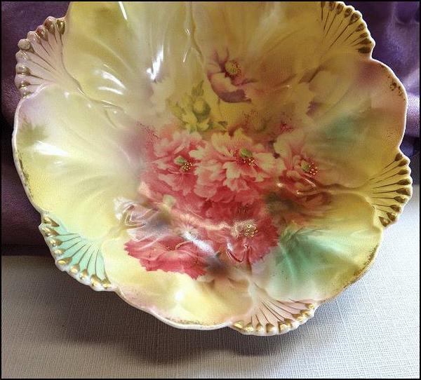 Antique RS Prussia Red Mark HP Porcelain Bowl Shell w Carnations