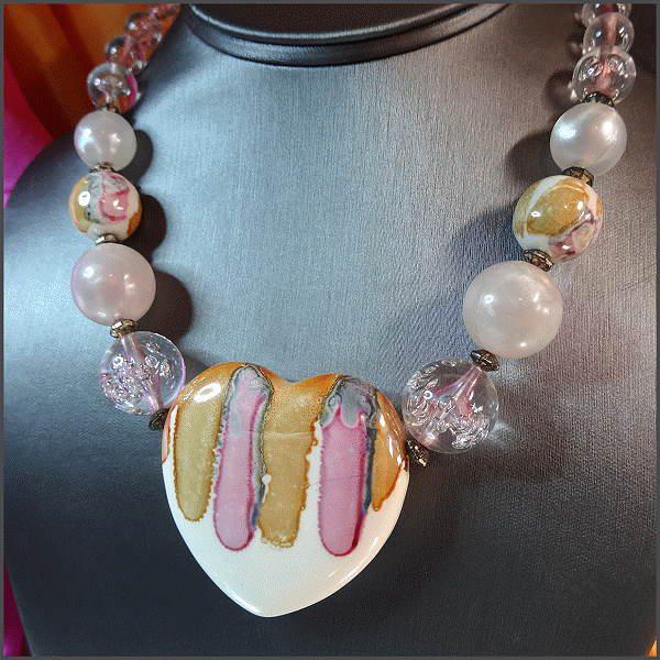 1970s Big Heart Vintage Necklace Unique Pastel Porcelain 
