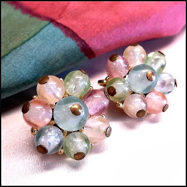 1950s Vintage Earrings Frosted Pastel Glass Clips Signed Crown Trifari