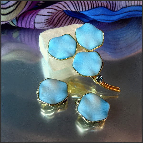 1950s Vintage Rare Blue Satin Glass Pin w Earrings Elegant West Germany Set