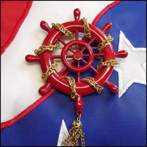 1960s Nautical Vintage Brooch Big Red Ships Wheel