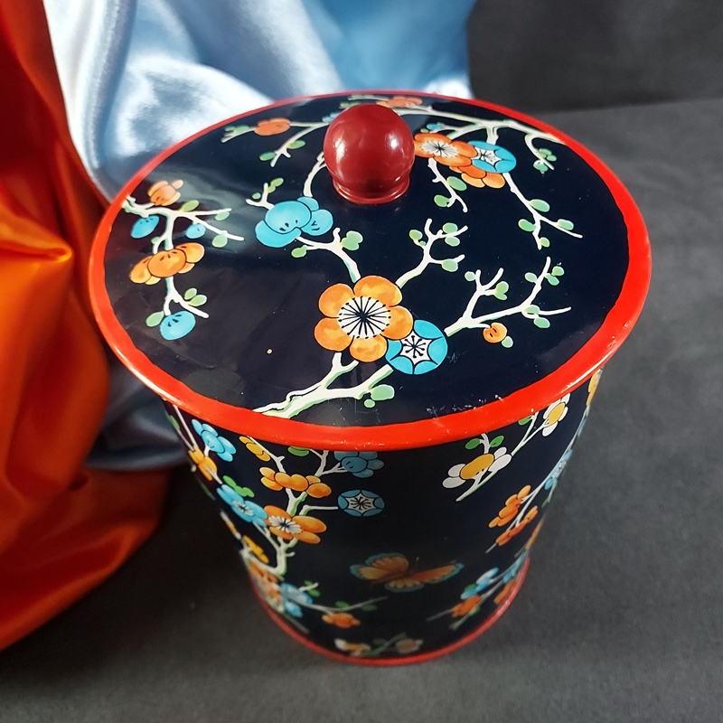 1960s Vintage English Tin Canister Oriental Butterfly Orange Blossoms