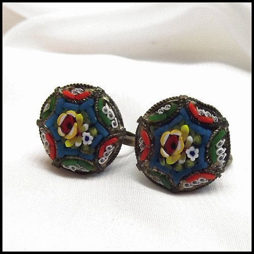 1930s Antique Earrings Italian Glass Mosaic Flowers