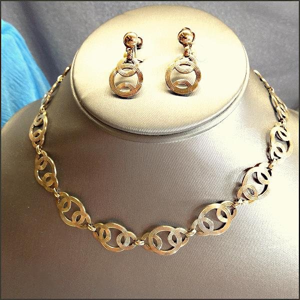 1940s Art Deco Signed Symmetallic 14kt Gold Sterling Necklace w Earrings Set 