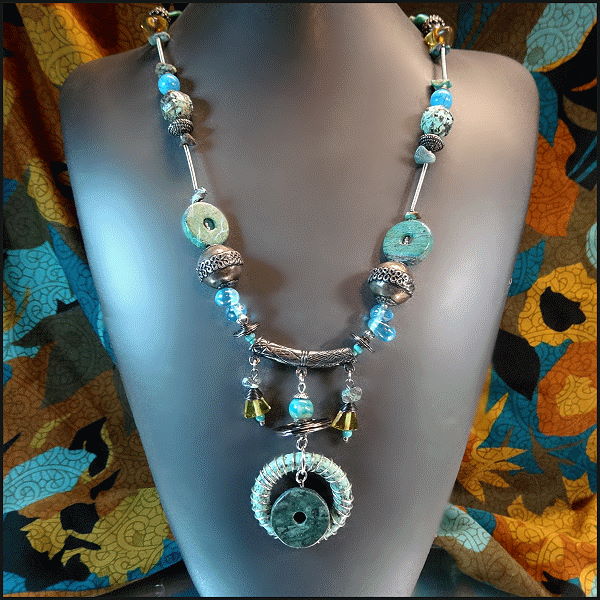 1990s Designer Signed Treska Silver Turquoise Long Vintage Necklace