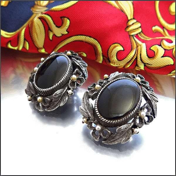 1950s Vintage Earrings Victorian Style Black Obsidian Glass w Pearls 