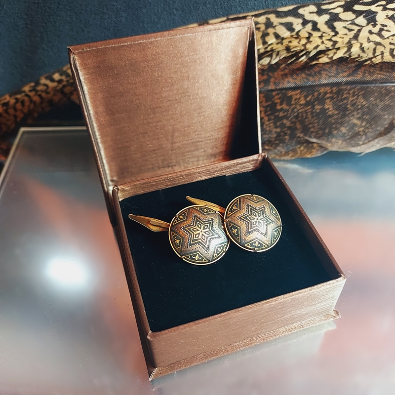 1950s Damascene 14kt Gold Etched Six Point Star Button Vintage Cufflinks