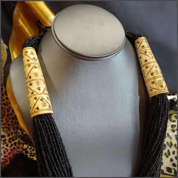 1980s Black Glass Carved Bone Long Torsade Vintage Ethnic Necklace
