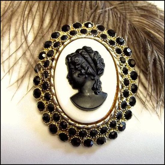 1950s Vintage Cameo Brooch Signed Dodds Big Milk Glass Black Rhinestone Pin